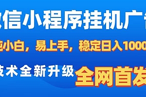 微信小程序全自动挂机广告,纯小白易上手,稳定日入1000+,技术全新升级,全网首发