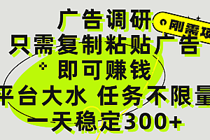 广告调研项目,只需复制粘贴广告即可赚钱,平台大水,任务不限量,一天300+