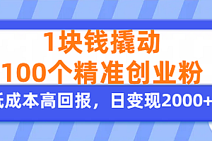 1块钱撬动100个精准创业粉,单人单日引流500+创业粉,日变现2000+