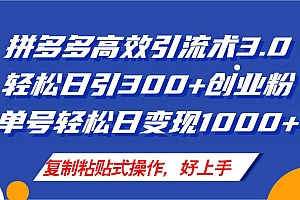 拼多多店铺引流技术3.0,日引300+付费创业粉,单号轻松日变现1000+