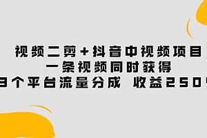 视频二剪+抖音中视频项目:一条视频获得3个平台流量分成 收益250% 价值4980